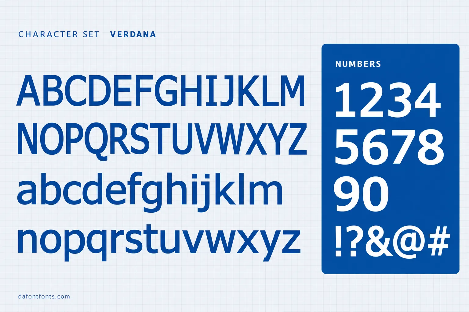 Verdana style character set: uppercase and lowercase alphabet, numbers and symbols