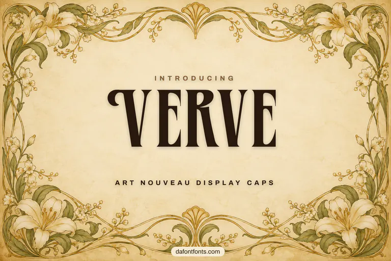 Verve font poster: dark brown art nouveau caps on a cream background with gold ornaments