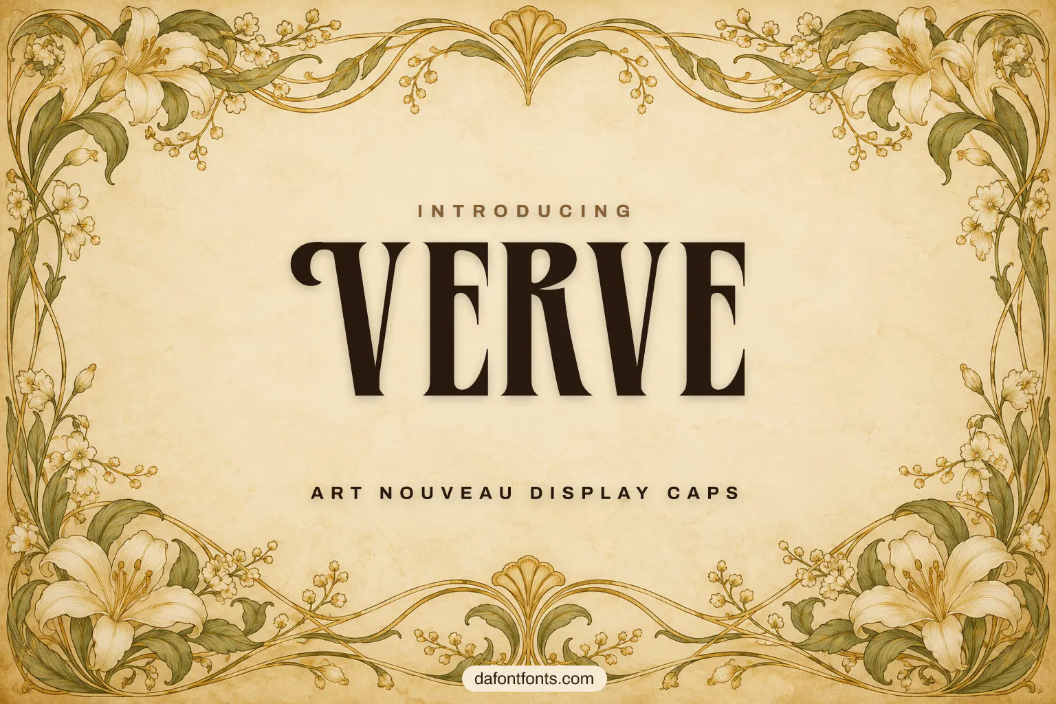 Verve font poster: dark brown art nouveau caps on a cream background with gold ornaments