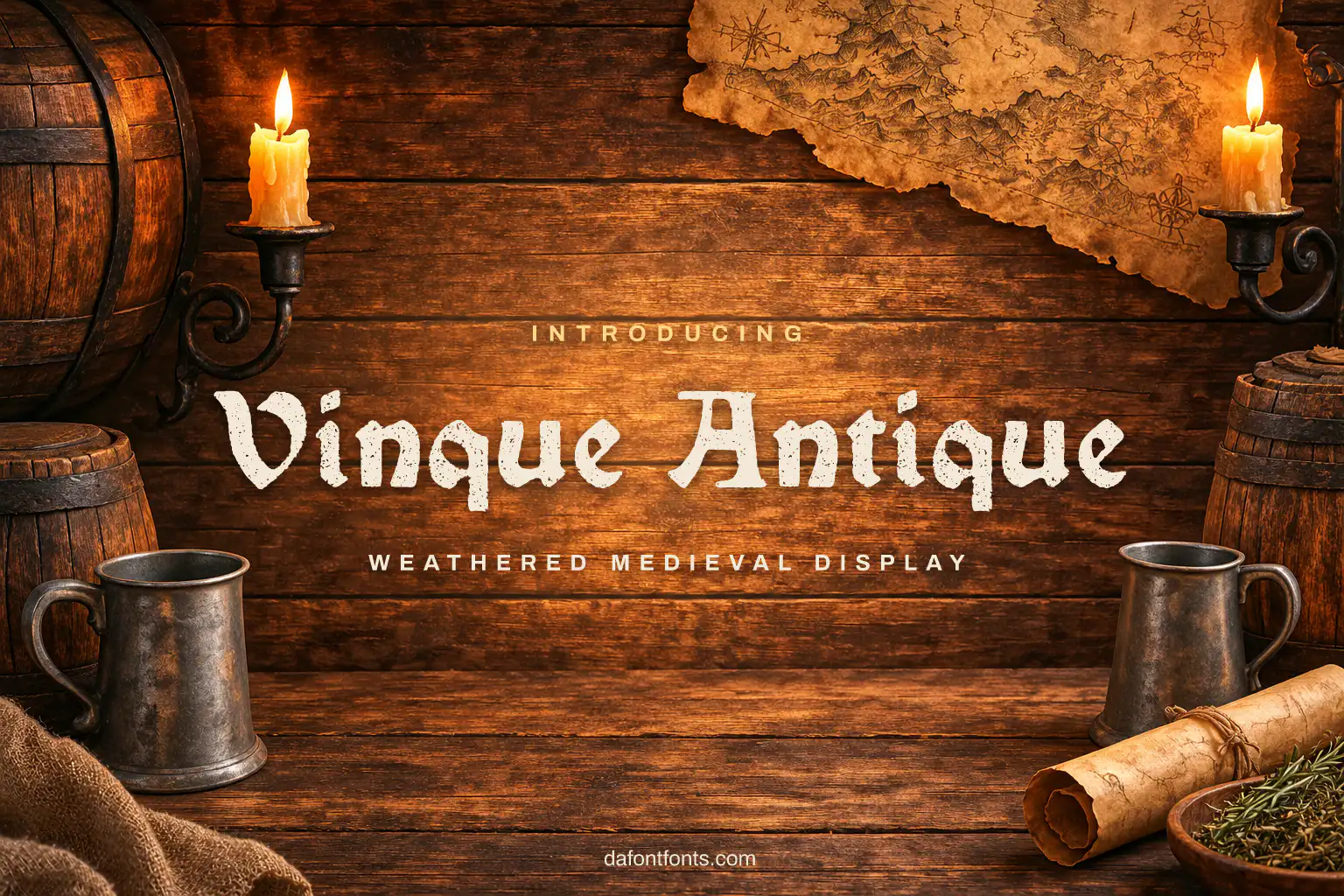 Vinque Antique font poster: weathered medieval letters with barrels and candle holders
