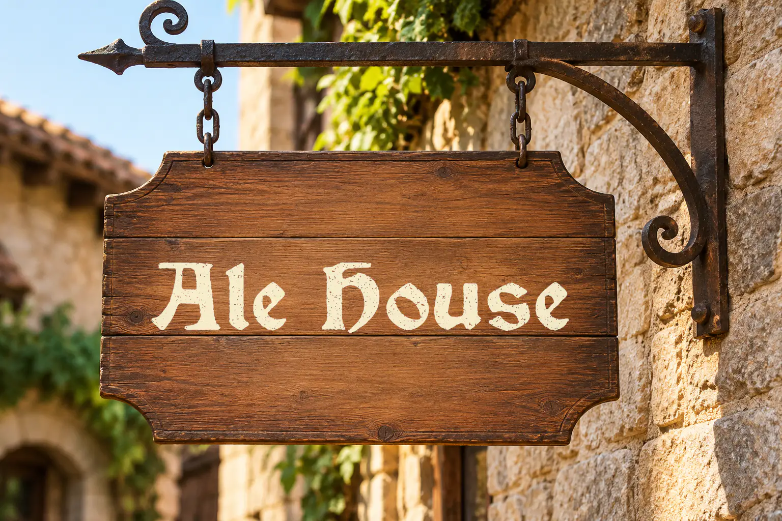 Vinque Antique font on a tavern sign reading Ale House