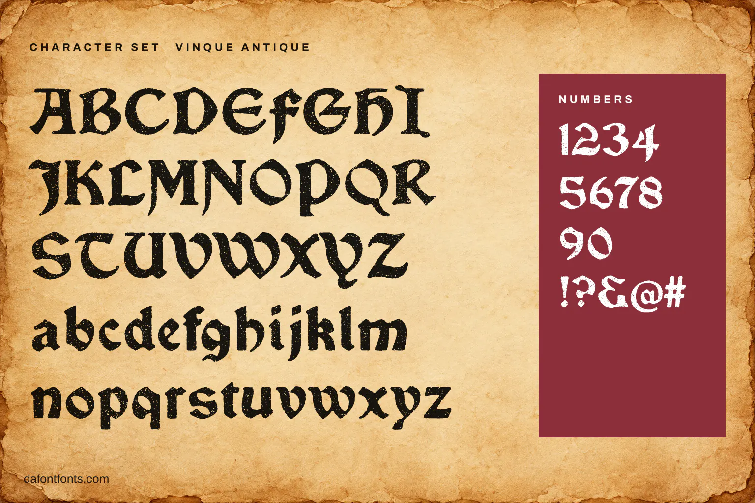 Vinque Antique character set: alphabet, numbers and symbols