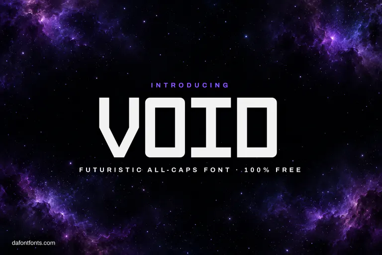 Void font poster: white squared capitals on a black starfield