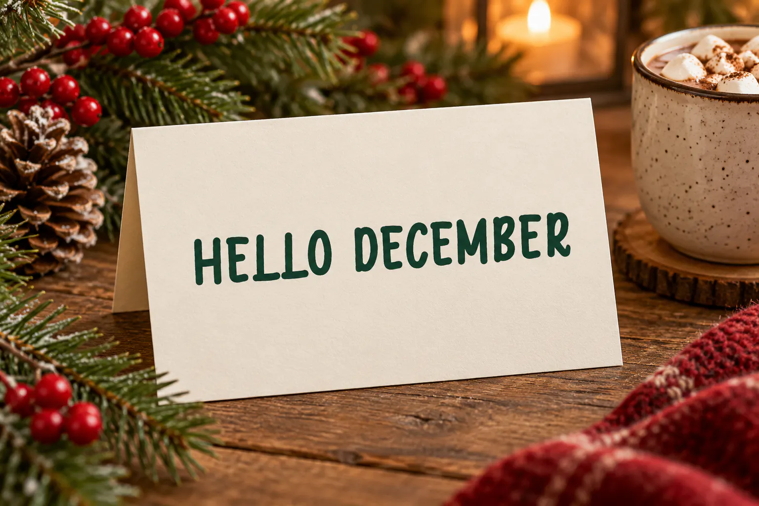 Welcome December font on a holiday greeting card reading HELLO DECEMBER