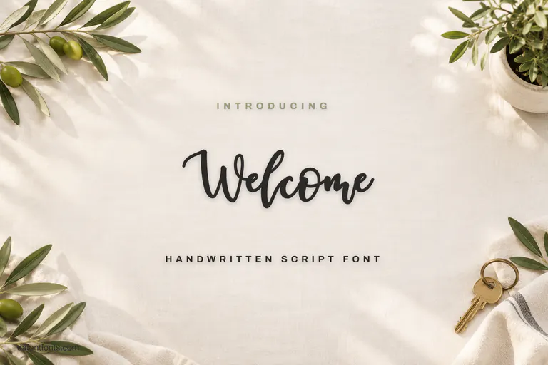 Welcome font poster: dark handwritten script on linen with olive branches