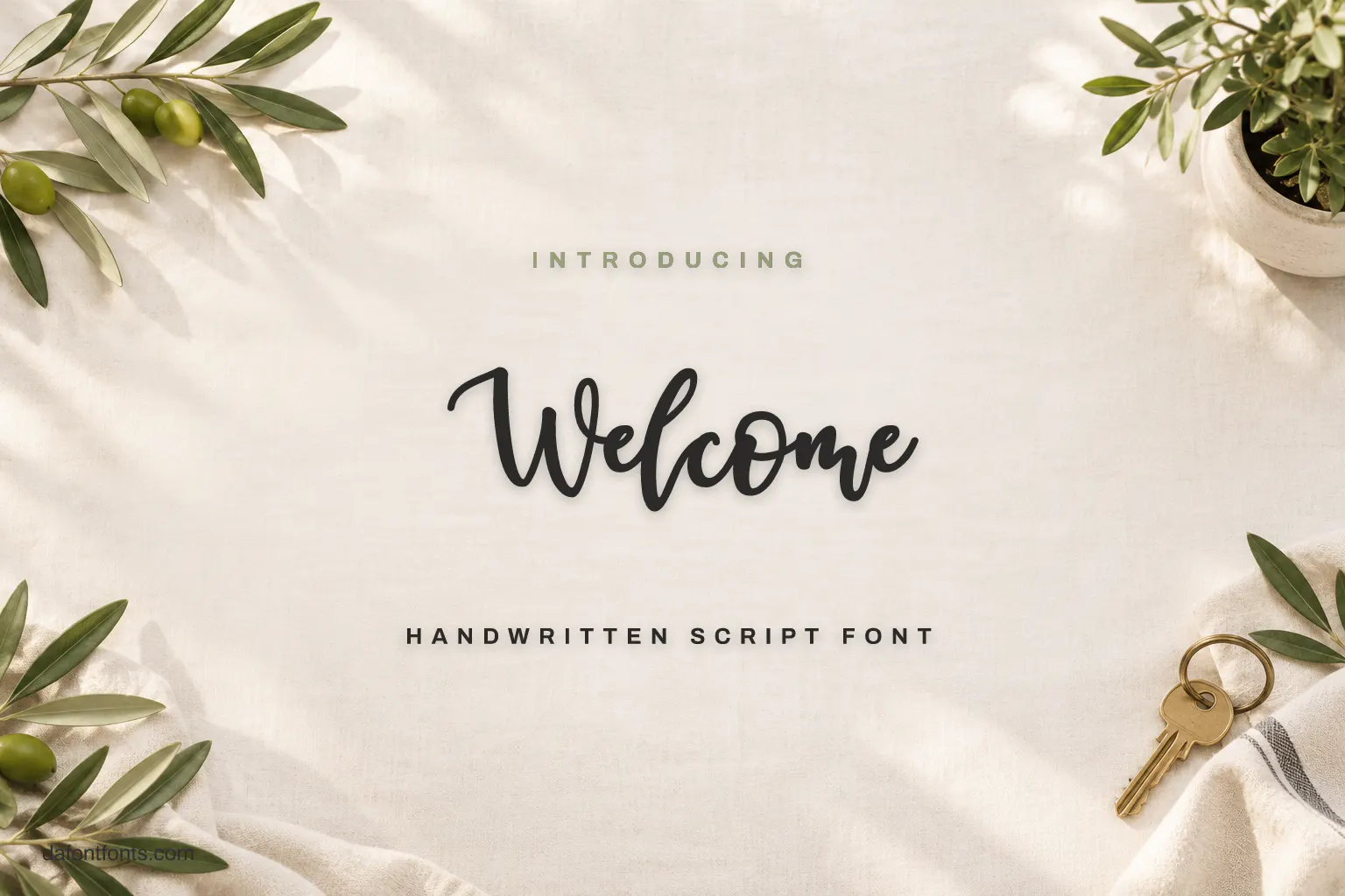 Welcome font poster: dark handwritten script on linen with olive branches