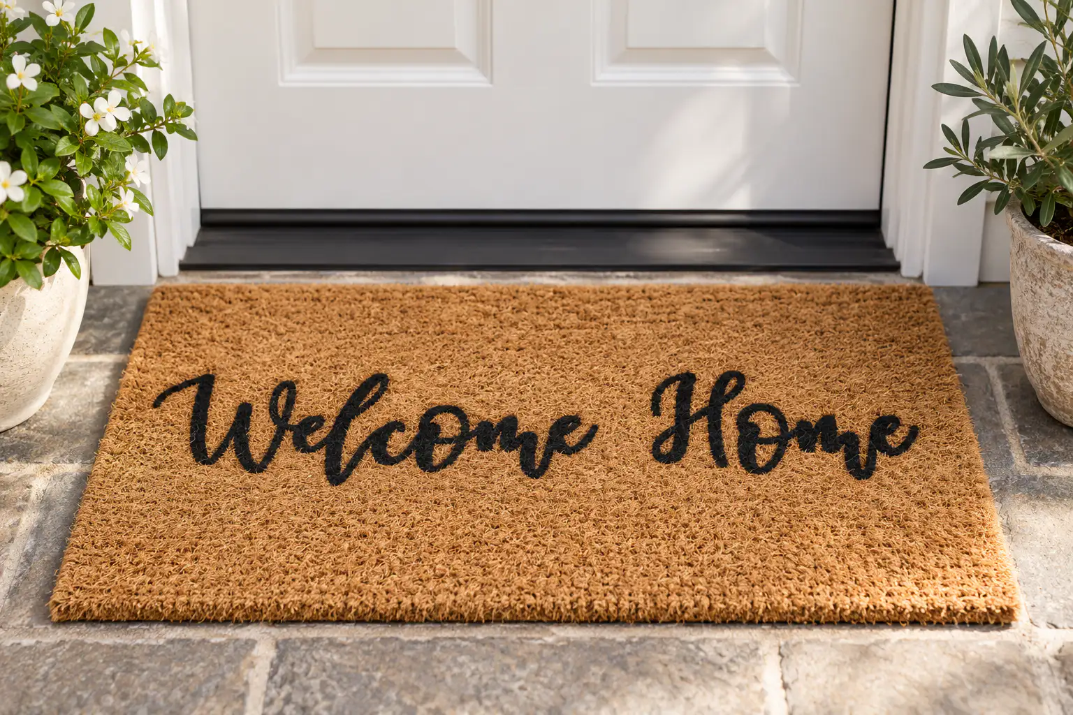 Welcome font on a doormat reading Welcome Home
