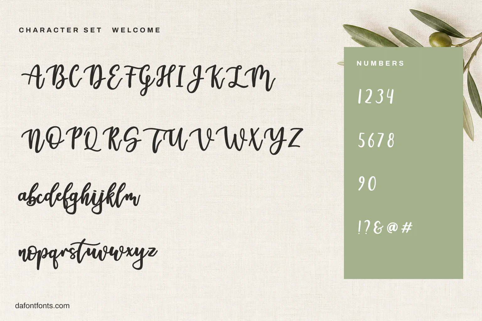 Welcome character set: alphabet, numbers and symbols