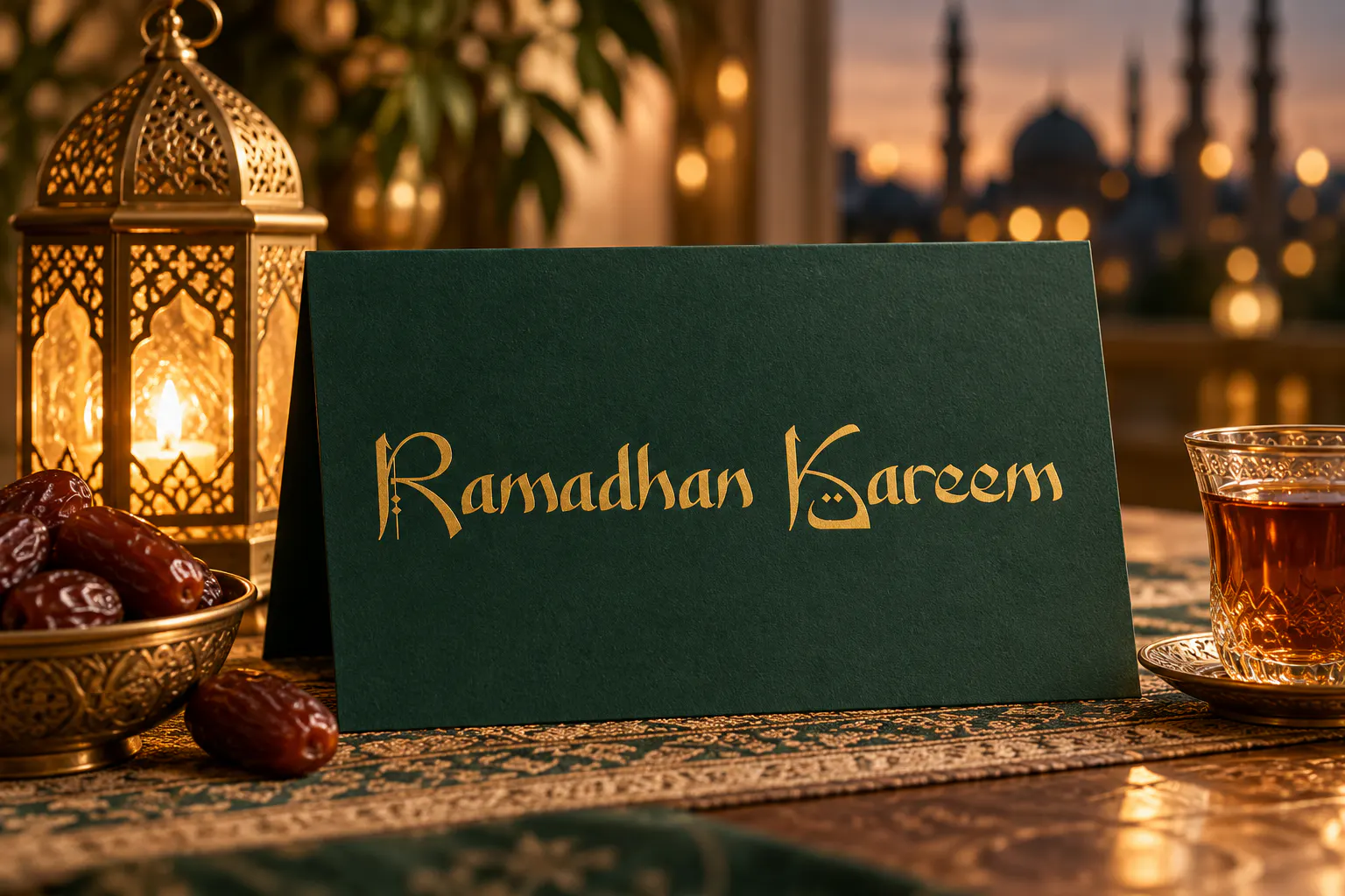 Welcome Ramadhan font on a greeting card reading Ramadhan Kareem