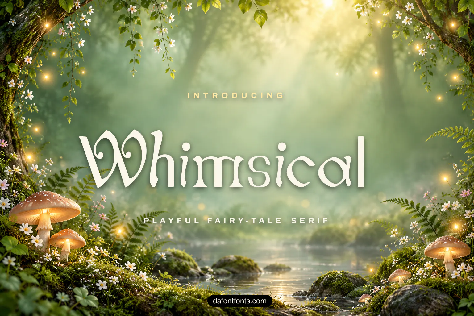 Whimsical font poster: black decorative serif on an enchanted forest background