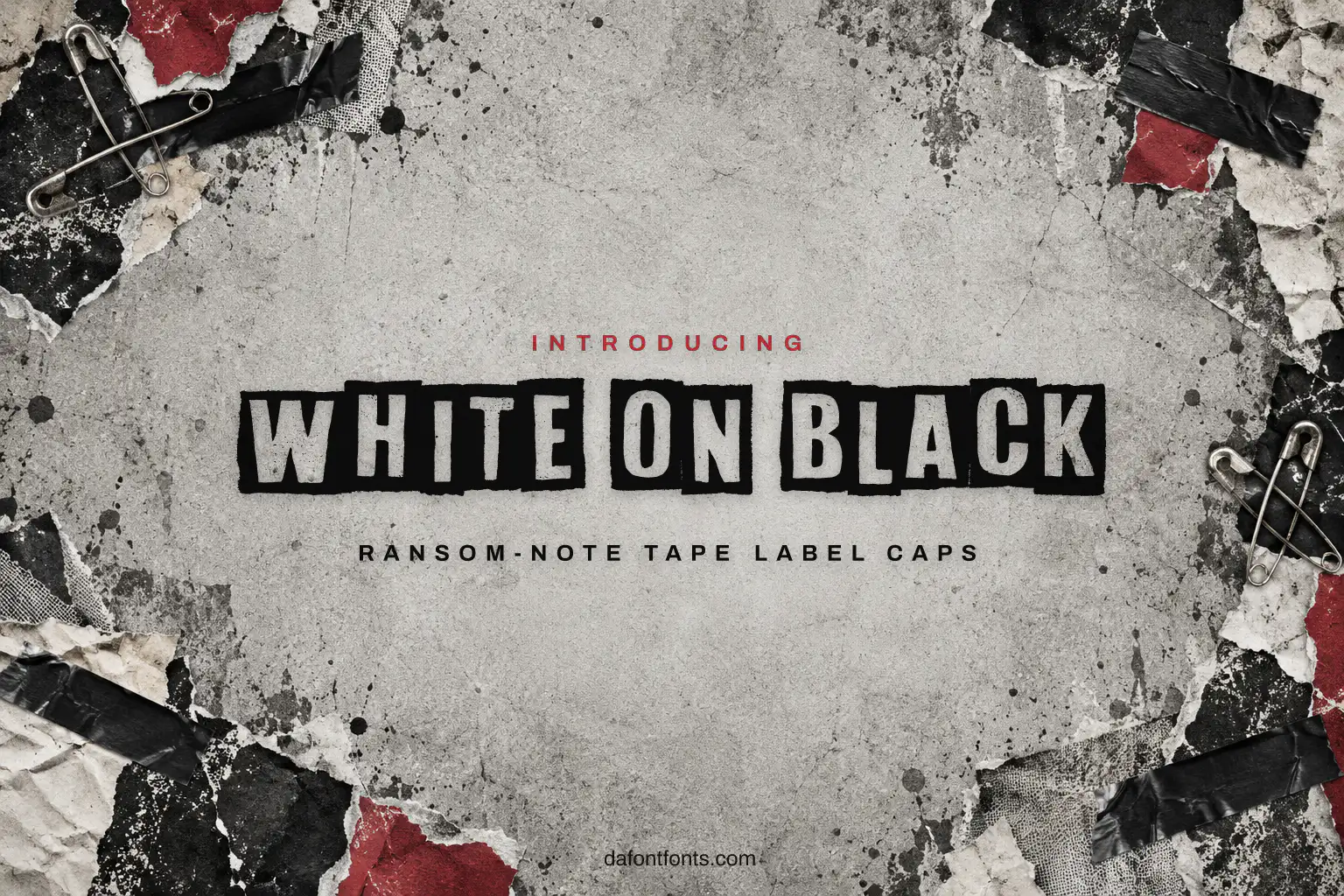 White On Black font poster: white-on-black label caps on a punk collage background