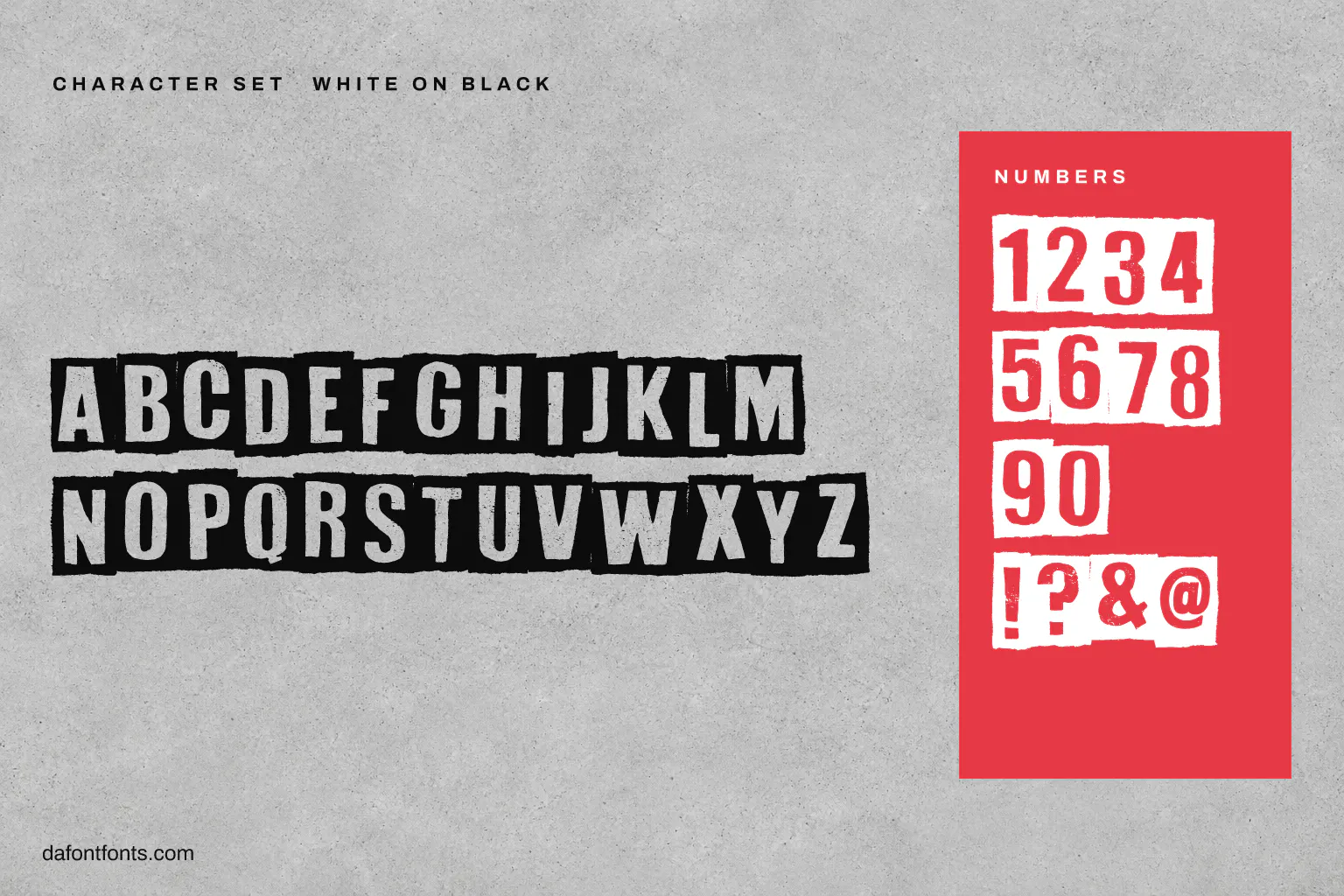 White On Black character set: capitals, numbers and ! ? & @