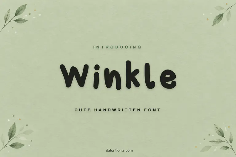 Winkle font poster: dark handwritten letters on a sage green paper background with small leaves