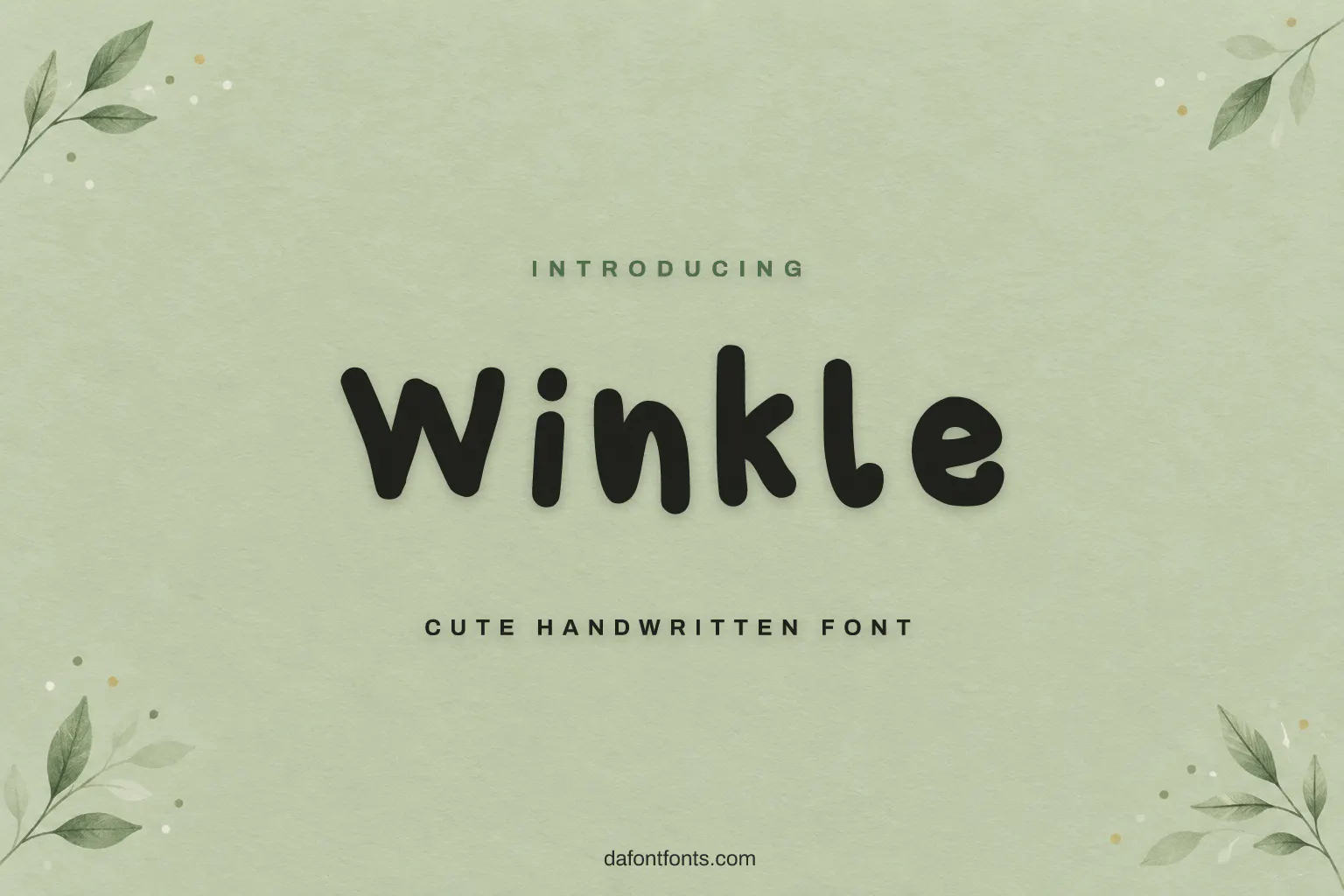 Winkle font poster: dark handwritten letters on a sage green paper background with small leaves