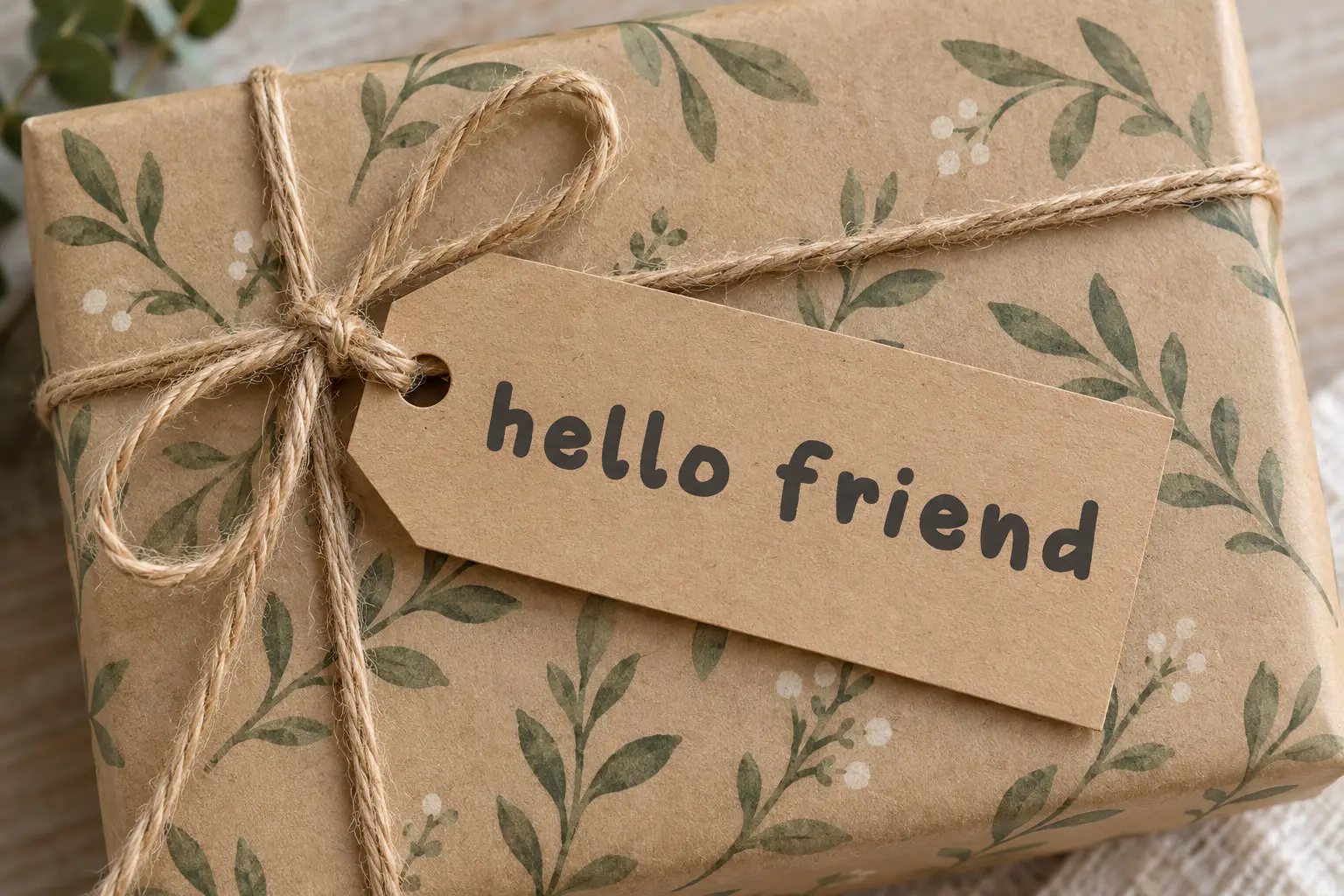 Winkle font on a kraft gift tag reading hello friend