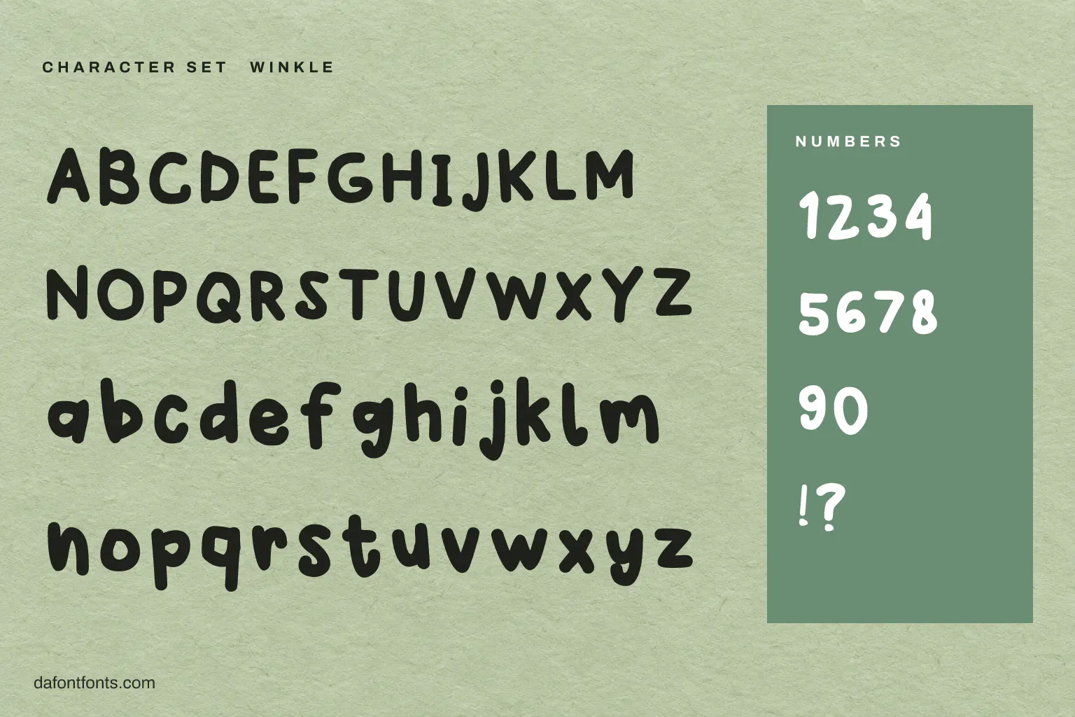 Winkle character set: alphabet, numbers and ! ?