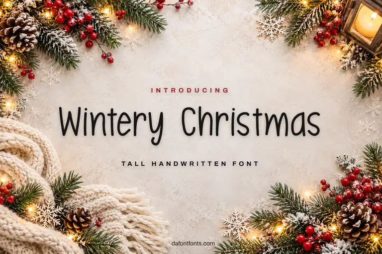 Wintery Christmas font poster: black handwriting on a winter background with pine branches and berries