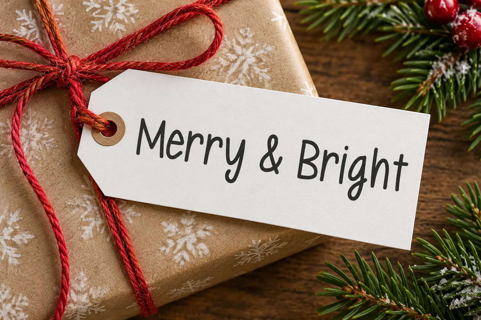 Wintery Christmas font on a Christmas gift tag reading Merry & Bright