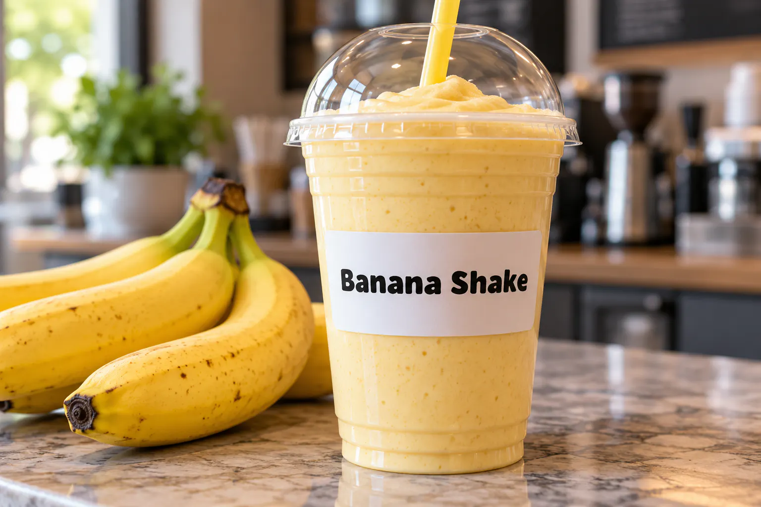 Yellow Banana font on a smoothie cup reading Banana Shake