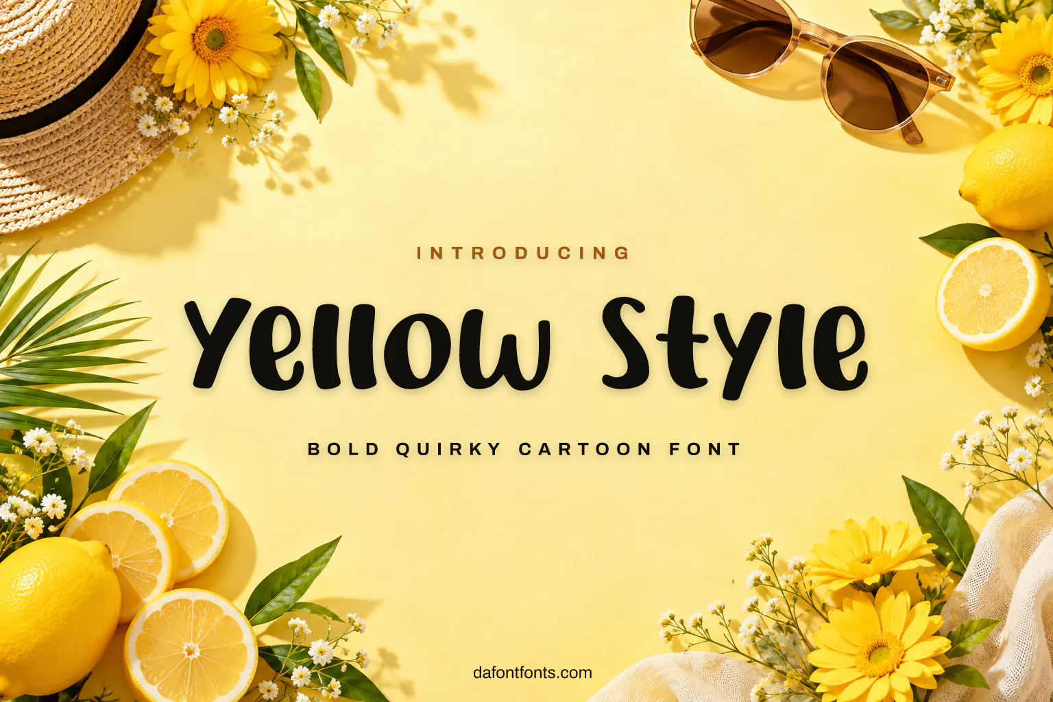 Yellow Style font poster: bold cartoon letters on yellow with lemons and flowers