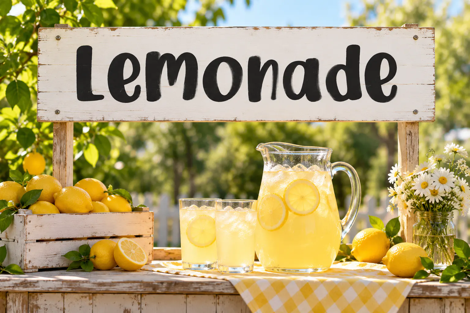 Yellow Style font on a lemonade stand sign reading Lemonade
