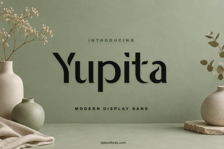 Yupita font poster: black display letters on a sage green background with ceramic vases