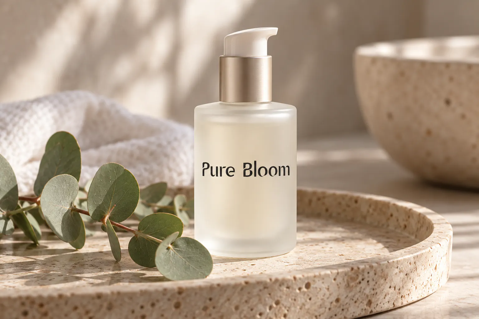 Yupita font on a skincare bottle reading Pure Bloom